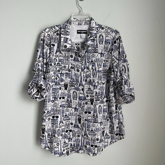 Karl Lagerfeld Love From Paris All Over Print Button Front Roll Tab Slee… - Picture 7 of 7